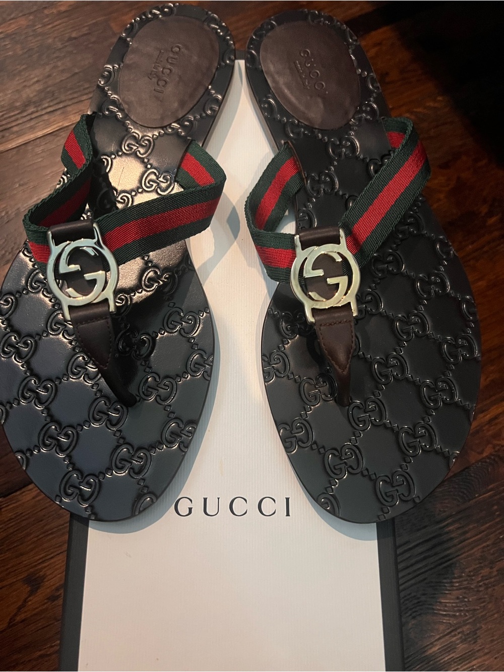Gucci + GG + Web + Thong Sandals + Dark Brown + Size 39.5